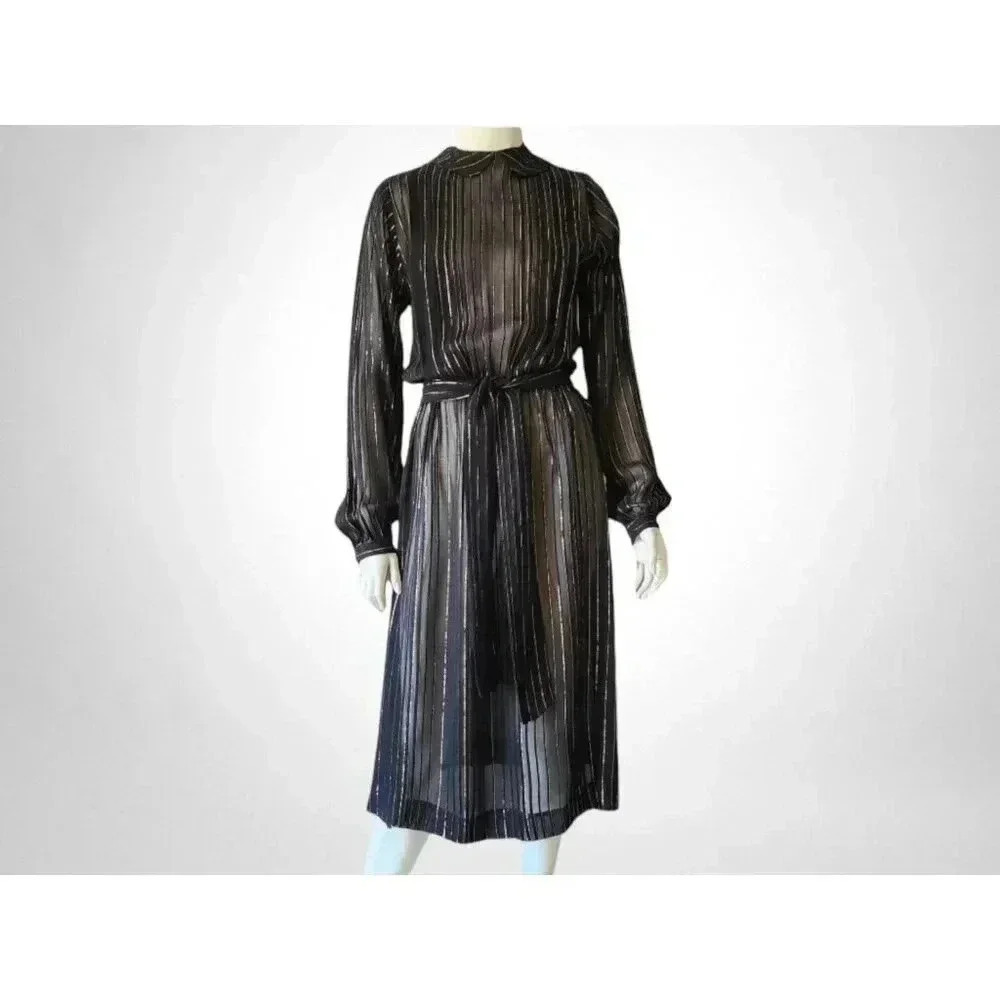 VINTAGE 80s x 40s Sheer Black Dress w/ Gold Thread M